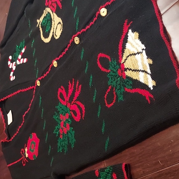 Style Studio Black Red Metallic Gold Button Up Christmas Sweater Size L - Picture 3 of 8